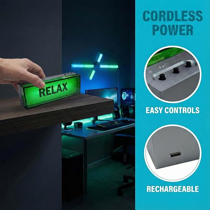 LED Light Box Sign for Desk Setup, CNC Aluminum Ambient Desk Light, Rechargeable 1000mAh Battery, USB-C, Warm Glow Decor for Gaming Room, Home Office, Shelf - Image 3