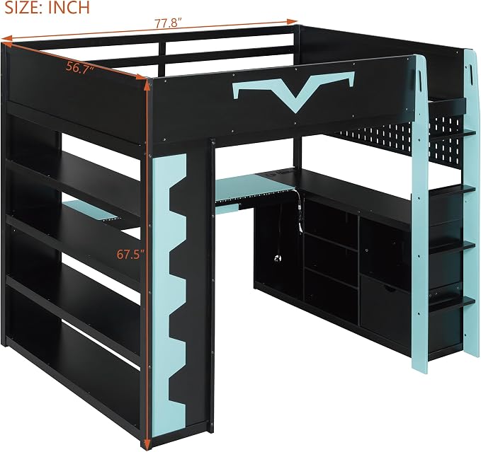 Merax Full Size Gaming Loft Bed with Desk and RGB LED Lights, Pro-Gamer Bed with Power Outlet, Large Bookshelf, Pegboard, Keyboard Tray & Drawer, Blue - Image 7