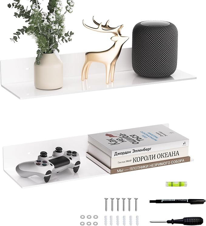 Sezanrpt 20 Inches Acrylic Wall Shelves 2 Pack, Floating Shelf for Wall Mounting, Acrylic Display Ledges for Funko Pop Figures, Home Décor, Living Room, Gaming Room, Plants(20 inch, White) by Sezanrpt