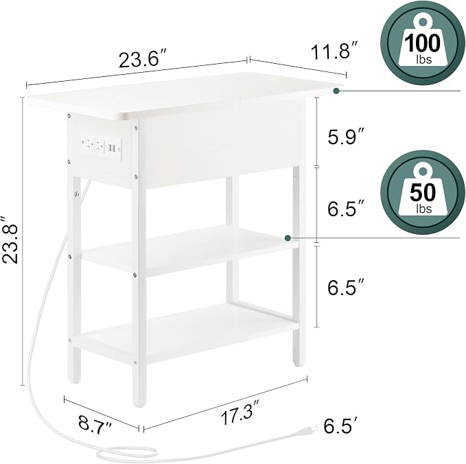 Yoobure End Table with Charging Station, Flip Top Side Table with USB Ports and Outlets, Sofa Couch Table Bedside Table for Living Room Bedroom, Narrow Nightstand with Storage Shelves for Small Spaces - Image 3