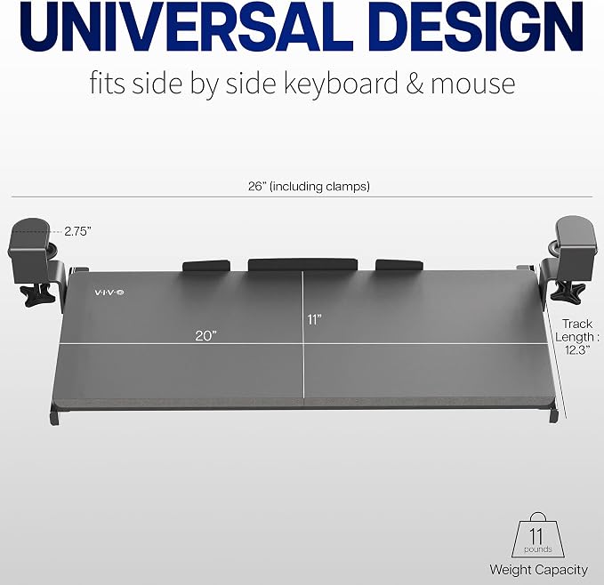 VIVO Small Keyboard Tray, Under Desk Pull Out with Extra Sturdy C Clamp Mount System, 20 (26 Including Clamps) x 11 inch Slide-Out Platform Drawer, Dark Walnut Top, Black Frame, MOUNT-KB05ES-D - Image 5