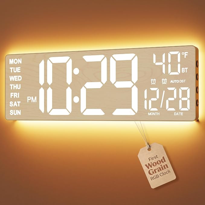 EASYERA 16.5" Large Digital Wall Clock BT Sync, 11 Scenes Mode Beige Clock by EASYERA
