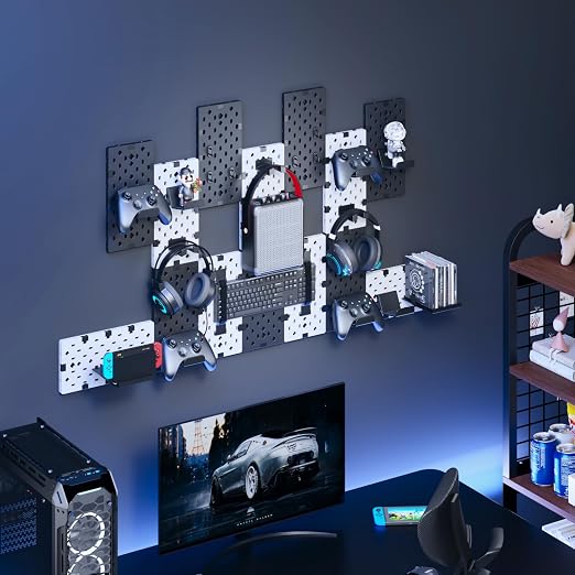 PEGZONE Controller and Headphone Holder Wall Mount, 14pcs, Black & White | Modular Gaming Pegboard with Accessories, Controller Stand, Disc Shelf Organizer - Image 7