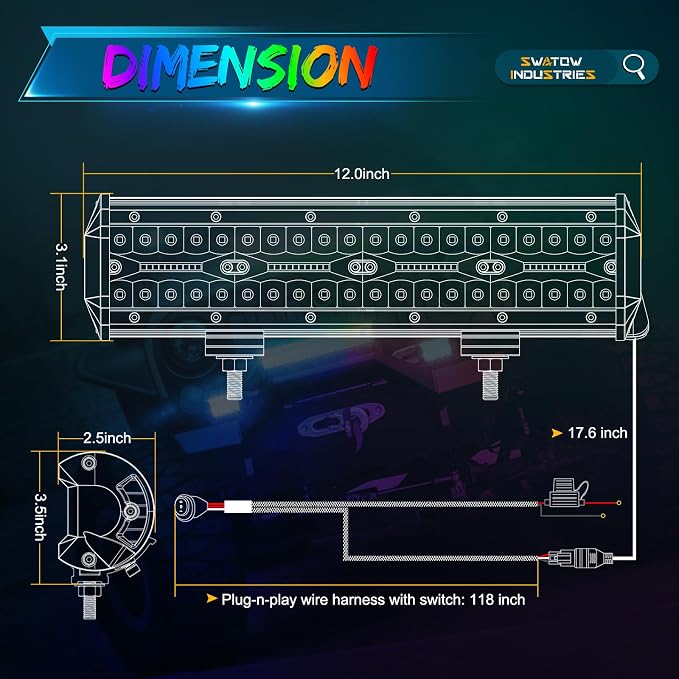 12 Inch RGB Light Bar 12" RGBW LED Pod Lights Color Chasing Light Pods Multicolor Lights for ATV UTV Polaris RZR Ranger Can-am x3 Truck Pickup Wrangler F150 SxS - Image 2