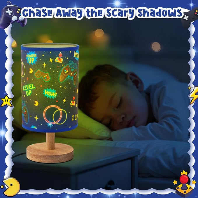 Kids Gaming Lamp for Boys Bedside Lamp with Linen Wooden Nightstand Cartoon Nursery Video Game Lampshade for Kids Gamer Decor - Image 3
