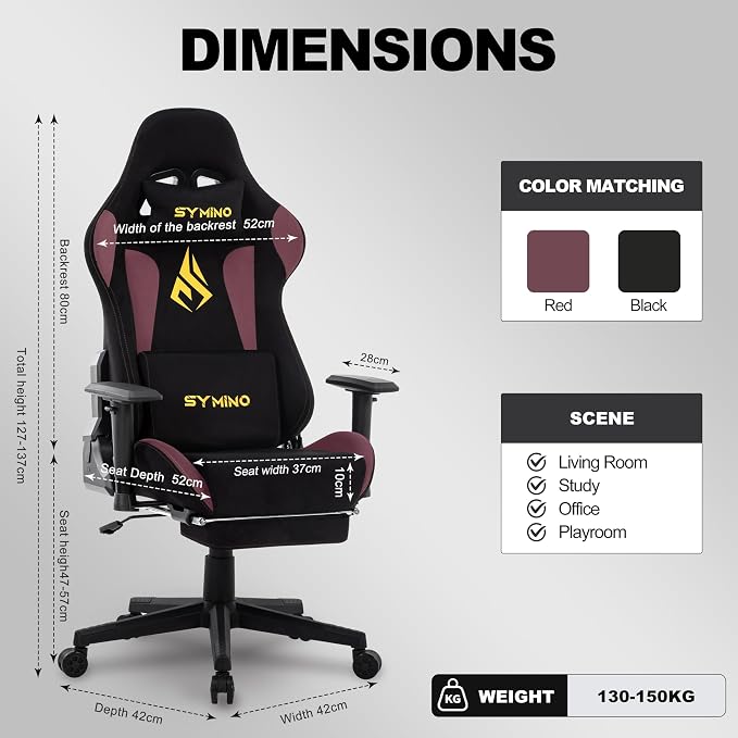 Symino Gaming Chair, High Back Ergonomic Office Chair with 2D Adjustable Armrests, 150° Recline, Breathable Faux Suede, Adjustable Headrest & Footrest for Home Office - Image 3