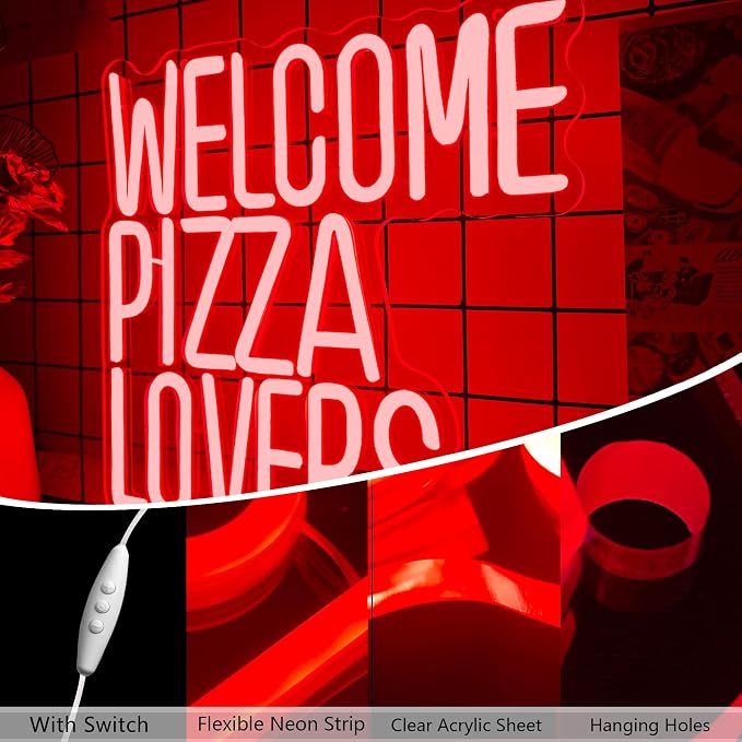 Welcome Pizza Lovers Neon Light, Red Dimmable LED Personalized Pizza Lovers Neon Sign, Family Restaurant Entertainment Room Food Theme Party Wall Neon Sign Decor Holiday Gift For Pizza Lovers, Children, Family (12.9*12.5in) - Image 3