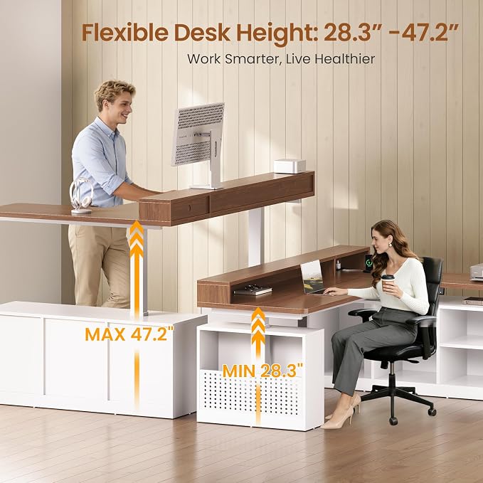 SEDETA L Shaped Electric Standing Desk, 63 inch Gaming Computer Desk with Storage Shelves and LED Lights, Height Adjustable Office Desk with Power Outlet and Pegboard, Brown Desktop - Image 3