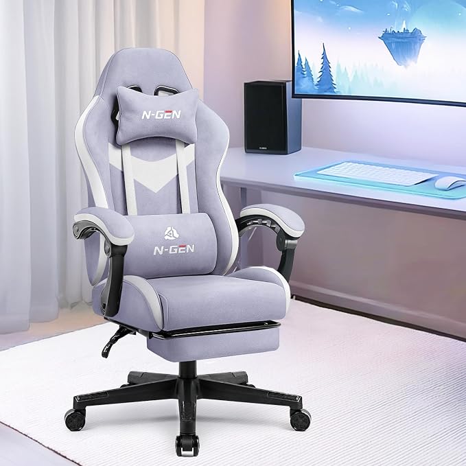 N-GEN GAMING Gaming Chair, Reclining Backrest, Footrest, Fabric, Purple | Ergonomic Design with Reclining Backrest, Linkage Armrests and High-Density Foam, Comfy Seating for Computer or Home Office - Image 2