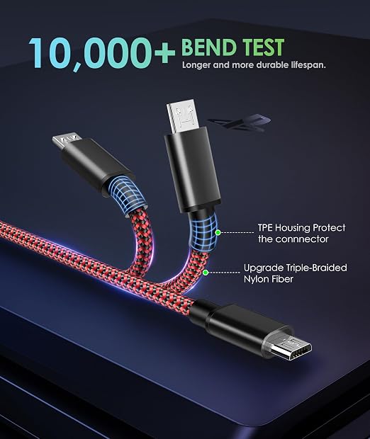 6amLifestyle PS4 Charging Cable, 10ft 2 Pack USB to Micro USB Cable, Nylon Braided Cord, for PS4 Slim/Pro, Xbox One S/X Controller, Red - Image 3
