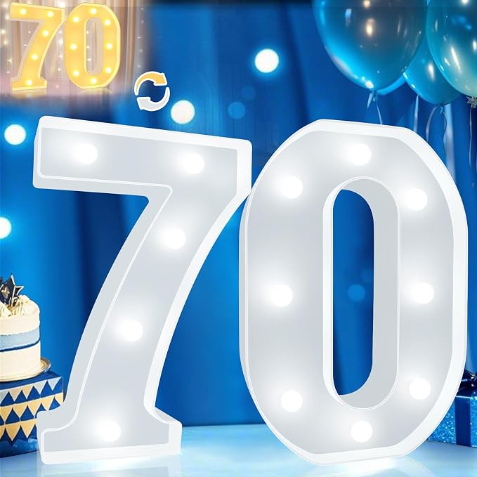Pooqla 70th Birthday Decoration for Woman Man, Decorative LED Light Up Numbers, Marquee Numbers 70 Sign for Party Backdrop 70th Wedding Anniversary Decor, Warm White and Cool White Number 70 - Image 7