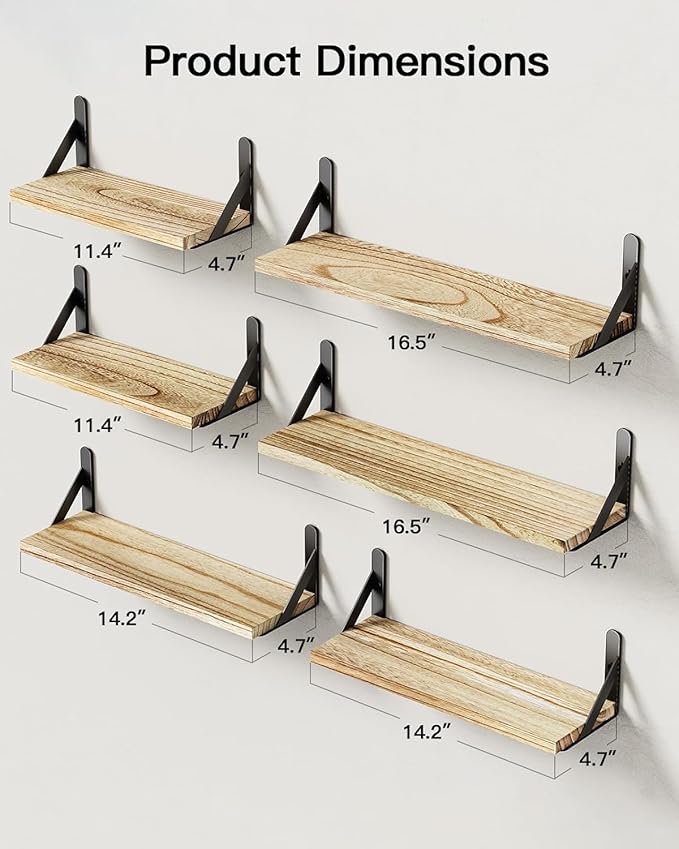 Amada Solid Paulownia Wood Wall Shelves, Medium Size, 6 Pcs, Natural Wood - Image 3