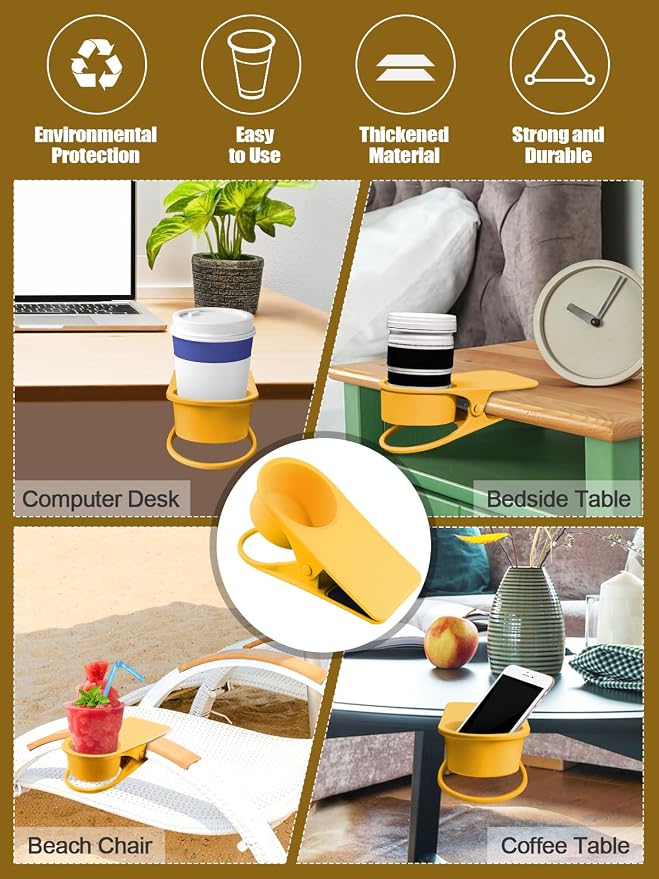 2PCS Clip on Cup Holder for Chair, Kalolary Desk Drink Holder Clamp, Yellow - Image 7