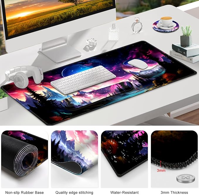 Gaming Mouse Pad, Large Desk Mat, Cute Desk Pad Protector, 4in1 XXL Mousepad + Keyboard Wrist Rest+Mouse Wrist Rest+Coaster Set with Ergonomic Desk Pad for Home Office Table Computer, Purple Hill - Image 8