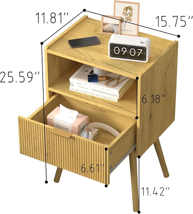 JOONEE Nightstand,Modern Bedside Table with Storage Drawer and Open Wood Shelf, for Living Room, Bedroom and Small Spaces, Accent Night Stand with Solid Wood Legs, Easy Assembly,Vintage Yellow Oak - Image 2