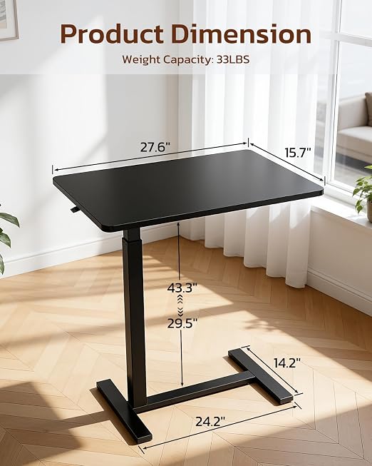 Overbed Bedside Table with Hidden Casters, Adjustable Pneumatic Mobile Laptop Computer Standing Desk, Rolling Laptop Table, Movable Overbed Table Hospital Home Use, Black - Image 3