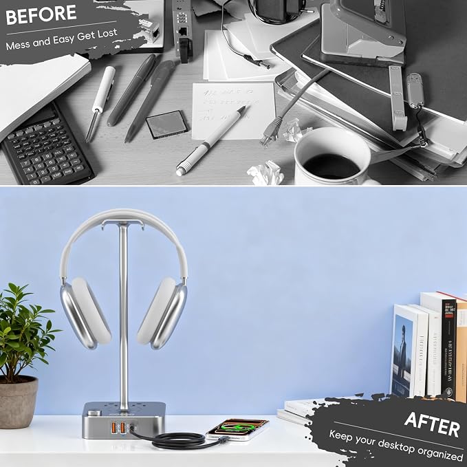 cozoo Headphone Stand with Charger, USB C, Gifts for Gamers Men, Gray | Gaming Headset Stand Holder for Desk, 3 USB(1 USB C) and 2 AC Outlets Charging Ports, Headphone Hanger, Gamer Gifts for Men - Image 7