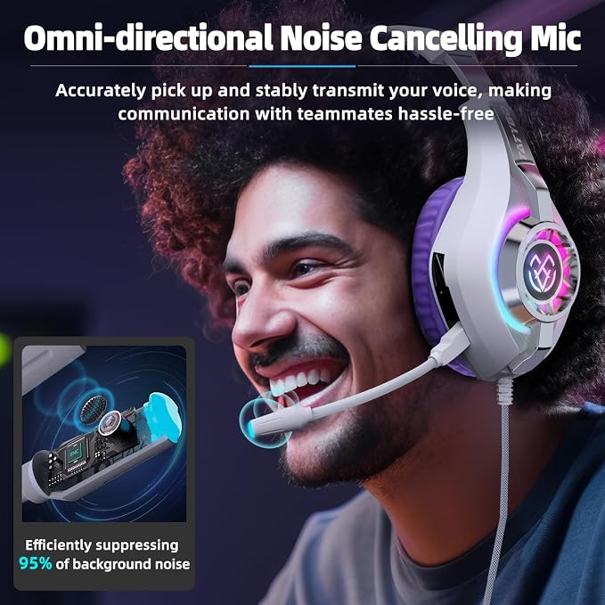 Tatybo Gaming Headset for PS5 PC, Noise Canceling Mic, RGB, Purple - Image 3