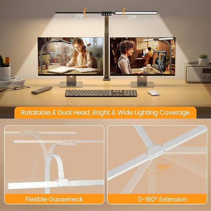 SIBRILLE Upgraded LED Desk Lamp for Home Office with RGB, Rotatable Computer Desk Light with Remote, Tall Table Lamp with Clamp for Working, Dimmable Dual Head Task Lighting for Monitor PC, 22W - Image 2