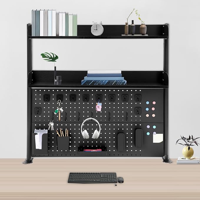 Desk Pegboard, Clamp On Desk Organizer Shelf, Desktop Bookshelf Storage Shelves, Privacy Panel for Home Office Dorm Gaming Desk, Carbon Steel, 39.4" x 37.4", Black - Image 2