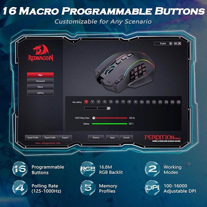 Redragon Wireless Gaming Mouse, MMO Gaming Mouse UP 16,000 DPI, 16 Macro Programmable Buttons, RGB Rechargeable Mouse with 12 Side Buttons, 70Hrs for PC Laptop MOBA FPS, White,M901P-WS - Image 3