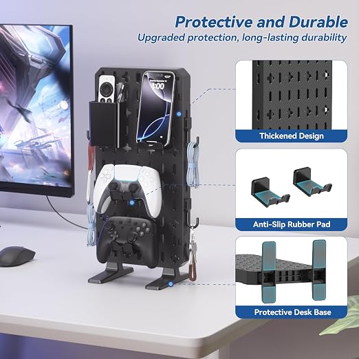 KDD 6 in 1 RGB Gaming Desk Accessories - No Drill Desk Organizer with Phone Stand/Storage Box/Headset & Controller Holder/Hooks, Freestanding Gaming Pegboard for Office & Home Desktop Decor Organizer - Image 7