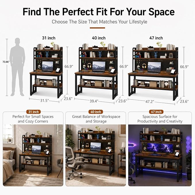 Computer Desk with Power Outlet & LED Lights | 47 Inch Gaming Desk with Hutch & Pegboard, Home Office Desk with Storage Shelves for Bedroom, Study (Brown, 47 Inch) - Image 2