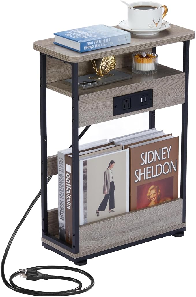 YEAKOO Narrow Side Table with Charging StationSmall Spaces Narrow End Table by YEAKOO