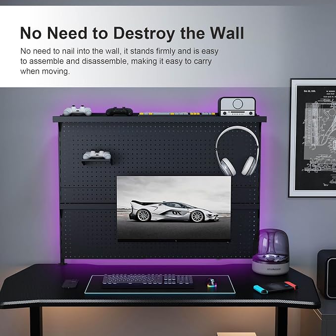 Majnesvon Clamp On Pegboard-Metal Office Pegboard Organizer with Monitor Stand, Peg Board Gaming for Desk with Hooks & Movable Partition, Office Storage Shelf for Workstation Setup (Black 43x35 Inch) - Image 6