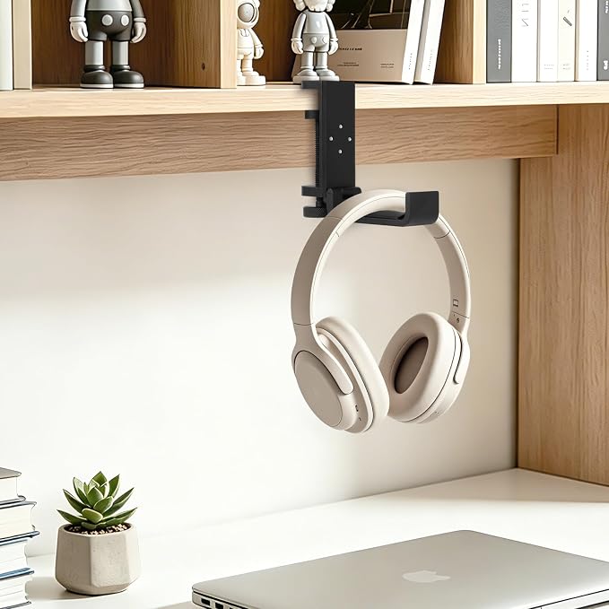 All Aluminum Foldable Headphone Holder for Desk, Headset Stand for Desk,Backpack Holder Hook for Desk,Table Bag Hook,Under Desk Clamp Hook for Gaming PC Accessories,Deep Black - Image 4