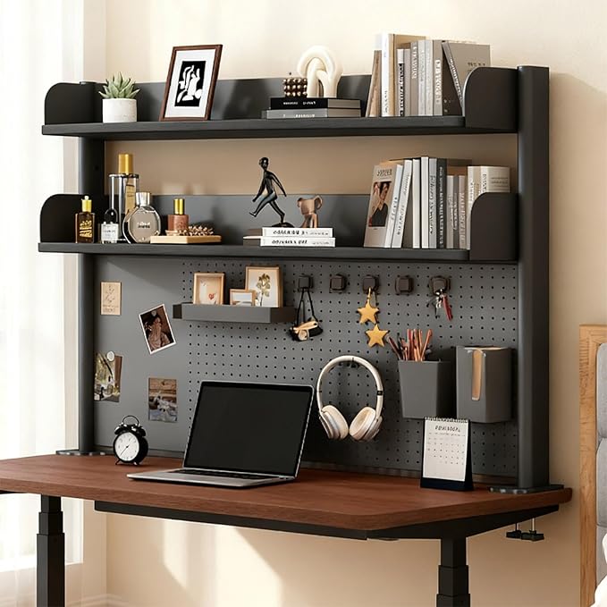 Clamp-on Desk Shelf Organizer with Pegboard,Black Desktop Bookshelf,Metal Dorm Desk Hutch,Multi-Purpose Countertop Storage Shelves for Home Office Dorm Gaming Desk(W - 39.4", Black) by Unknown