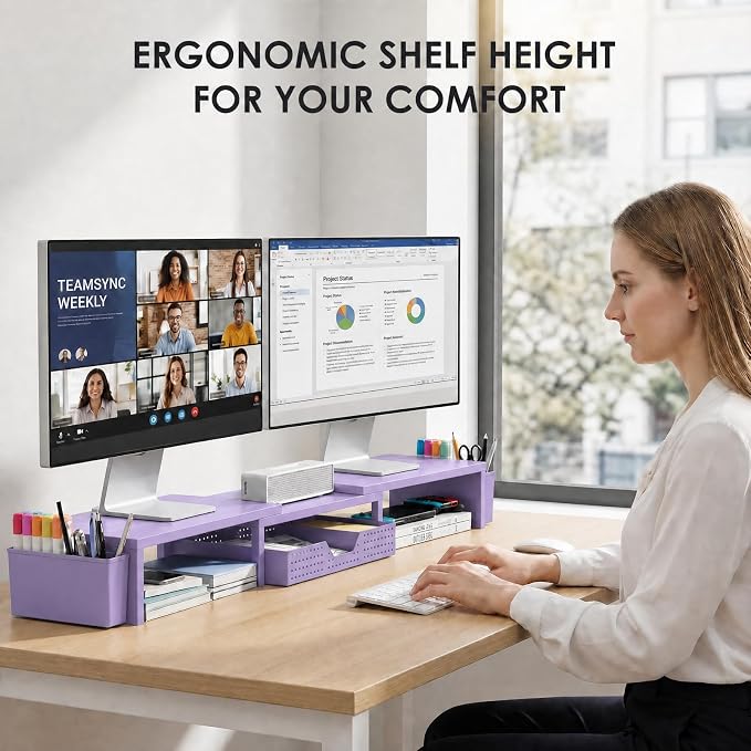 OPNICE Desk Organizers and Accessories, Dual Monitor Stand Riser with Drawer and 2 Pen Holders, Desk Shelf Computer Racks for Office Workspace Organizers, Desktop Organization (Purple) - Image 2