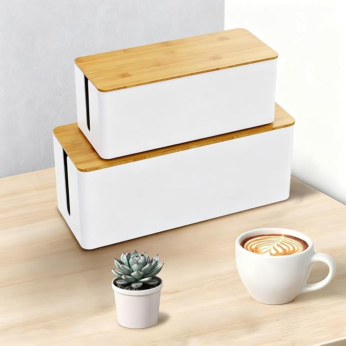 2-Pack Cord Organizer Box with Lids, White Cable Management Box Set, No-Drill Charger & Computer Wire Organizers for Desk, TV, Router, Computer, and Outlets in The Office, Study, Kitchen Areas by Unknown