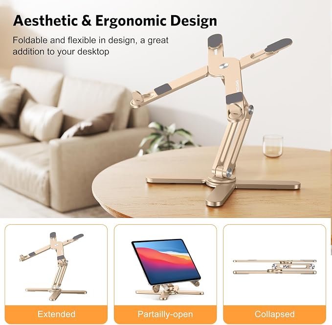 OMOTON LA10 360° Rotating Laptop Stand Riser Foldable for Desk, Gold | Aluminium Aolly, Tool-free Adjustable Height Angles, Collaborative Work, Easy Storage, Fits 11"-17" MacBook Pro/Air, Dell, HP - Image 3