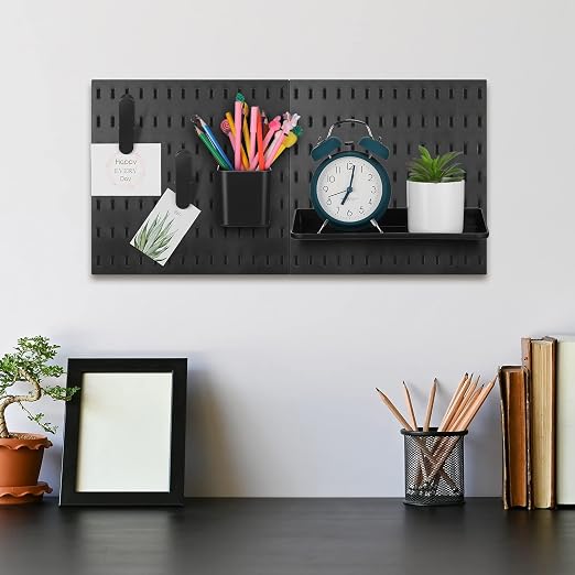Unittype 17 Pcs Peg Board Combination Kit, 6 Plastic Wall Pegboard with 11 Accessories, 33" x 22" Desk Pegboard Organizer with Shelf Hook for Office, Kitchen, Gaming, Garage, Craft Room(Black) - Image 7