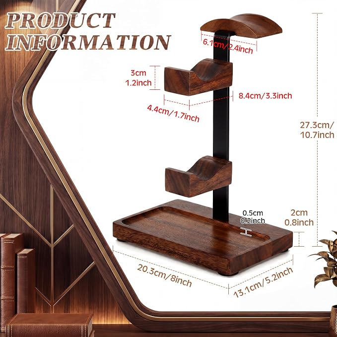 Headphone Stand with Controller Holder, Gaming Headset Stand for Desk, Walnut Headphone Holder Desk Organizer Gaming Accessories Gift for Gamers(Deep Walnut) - Image 2