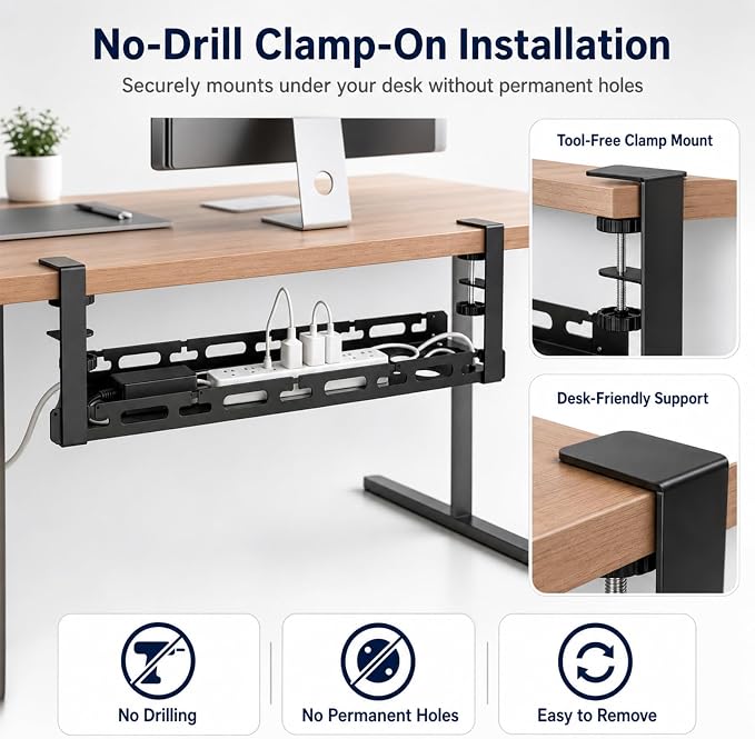 No Drill Under Desk Cable Management Tray, Adjustable 17.6"-27.4" Clamp-On Metal Cable Tray for Power Strip, Under Desk Cord Organizer and Wire Management Holder for Standing Desk, Gaming Desk, Office - Image 5