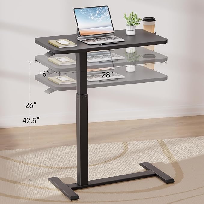 GTPLAYER Small Standing Desk with Hidden Wheels, Pneumatic Mobile Rolling Laptop Desk, Adjustable Height Overbed Bedside Table Computer Workstation for Home Office (28" W x 16" D, Black) - Image 3