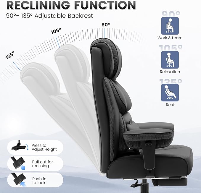 Office Desk Chair, Big and Tall Leather Gaming Chair with Footrest, Wide Ergonomic Comfy Executive High-Back Reclining Computer Chairs, Swivel Rolling Wheels and Padded Lumbar Support, Black Updated - Image 6