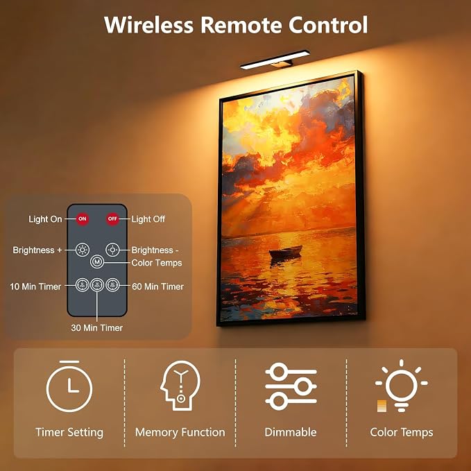 Kitloo Picture Lights for Wall, 6000mAh Rechargeable Battery Powered, Remote Control Wall Sconces with 3 Colors & Dimmable, LED Art Lights for Paintings, Gallery, Dartboard - Image 6