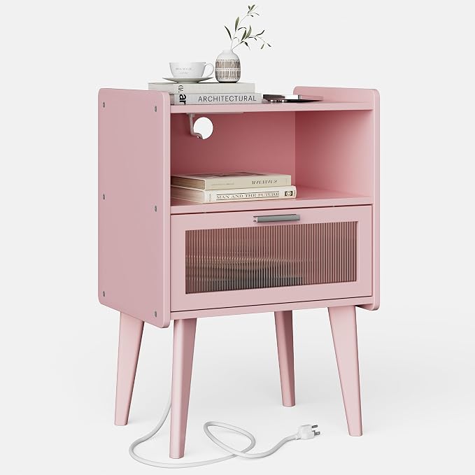 MMEOLUOOK Nightstand with Charging Station, Bedside Tables Pink End Table Side Table with 2 Tiers Storage Space, for Bedroom Living Room MLBZ07PE - Image 3