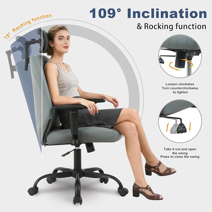 Symino Office Chair Ergonomic with 109° Rocking Function, Premium PU Leather, Integrated Lumbar Support, Adjustable Headrest & Armrests, Swivel Desk Chair - Image 4