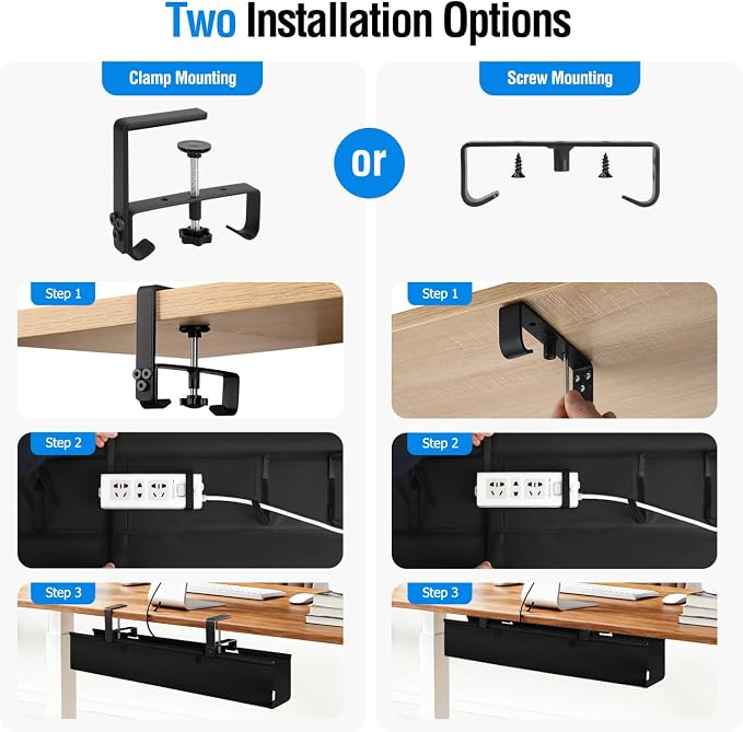 Under Desk Cable Management Tray - Heavy Duty No-Drill Clamp & Screw Mount, 28-Inch Cord Organizer for Home Office, Gaming Setup & Study Room, Holds Power Strip & Large Adapters (Black, 28"L x 5.5"W) - Image 6