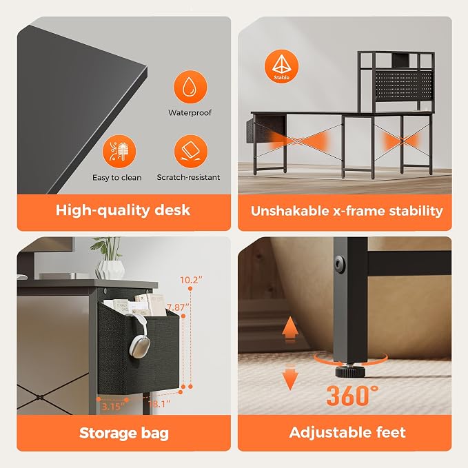 Mericonia 51 in L Shaped Desk with Pegboard, Reversible Corner Gaming Desk | Large Computer Desk with Hutch, Power Outlets, LED Light & Storage Bag, Office Table for Home Bedroom Study Work Writing - Image 4