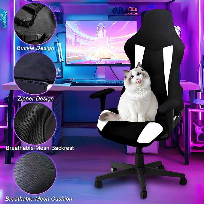 Gaming Chair Covers Only,Stretchable Fit Thick Breathable Mesh | Cat Scratch Proof,Scratch Resistant,Soft,Gaming Chair Seat Cover with 2Pcs Armrest Slipcovers(Black-white,Style 2) - Image 3