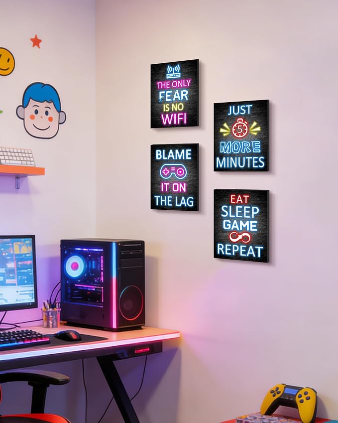 KUVIOKE Video Gamer Room Neon Decor for Teen Boys Gaming Wall Art Gamer Signs Teenage Bedroom Decor Set of 4, 8x10in (Framed) - Image 6