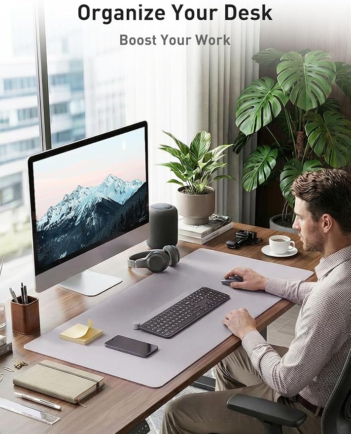 Aothia Faux Leather Desk Mat - Non-Slip PU Leather Desk Blotter, Waterproof Writing Surface, Large Desk Pad for Office & Home (Smoky Lavender, 55" x 24") - Image 3