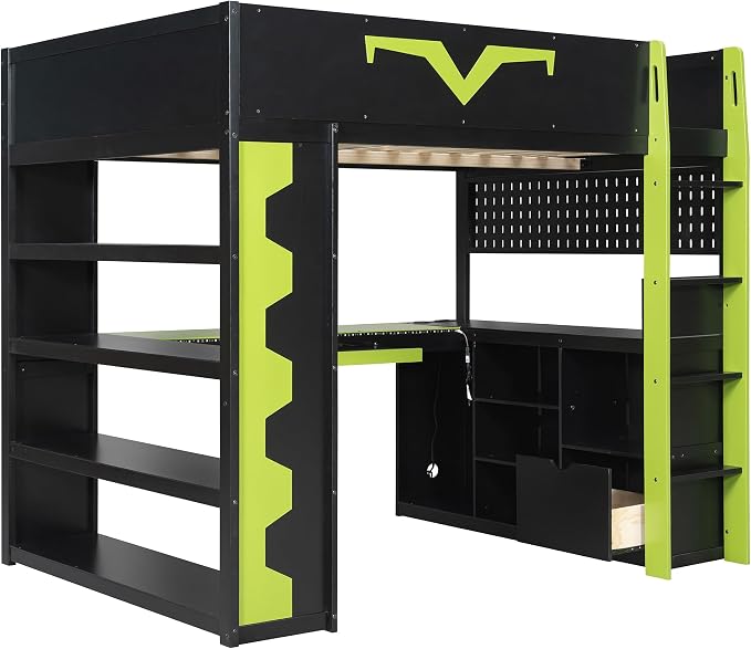 Merax Full Size Gaming Loft Bed with Desk and RGB LED Lights, Pro-Gamer Bed with Power Outlet, Large Bookshelf, Pegboard, Keyboard Tray & Drawer, Green - Image 5