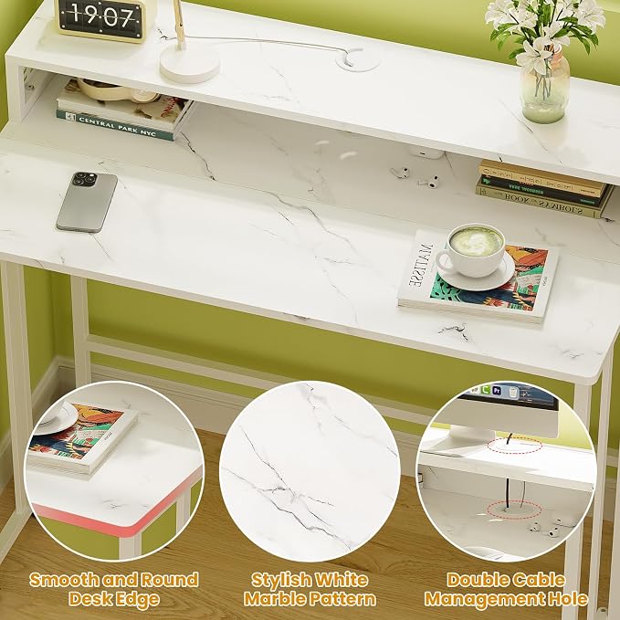 31.5" Folding Desk with Storage Shelf, Small Rolling Desk, White Marble - Image 8