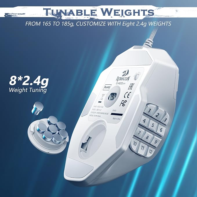 Redragon Gaming Mouse, MMO Gaming Mouse UP 12400 DPI, 19 Macro Programmable Buttons, RGB Mouse with 12 Side Buttons, 8 * 2.4g Weight Tuning for PC Laptop MOBA FPS, White - Image 4